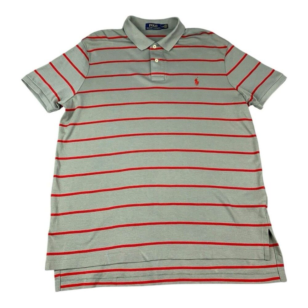 Polo Ralph Lauren Polo Shirt, Gray w/ Red Stripes, Cotton, Men's Size Large